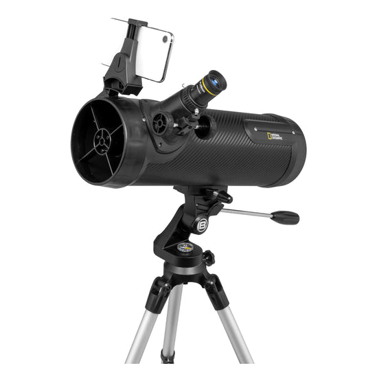 Black telescope with tripod on a white background