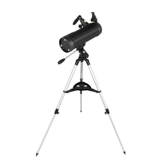 Black telescope with tripod on a white background