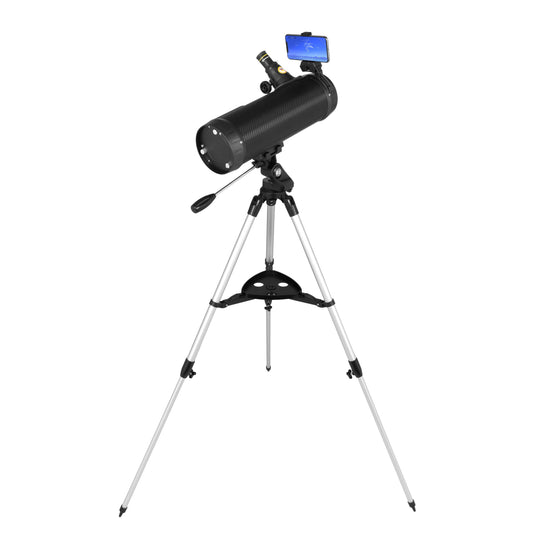 Black telescope with tripod on a white background