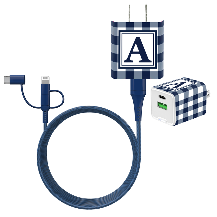 Navy Gingham Dual USB A & USB C 20W Quick Charger Letter Set with Navy Cable