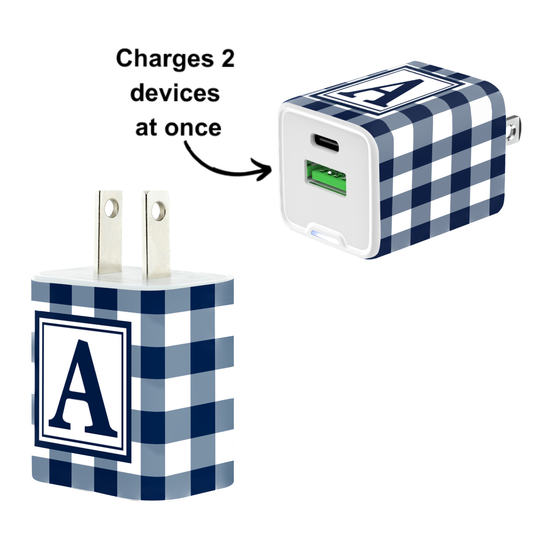 Navy Gingham Dual USB A & USB C 20W Quick Charger Letter Set with Navy Cable