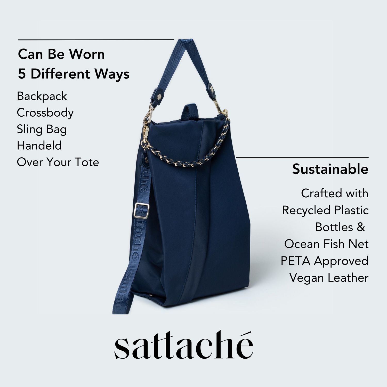 Navy blue bag with chain detail, shown from multiple angles, on a light gray background with 'sattache' branding.