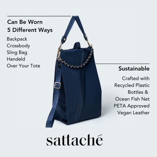 Navy blue handbag with a chain detail on a light gray background