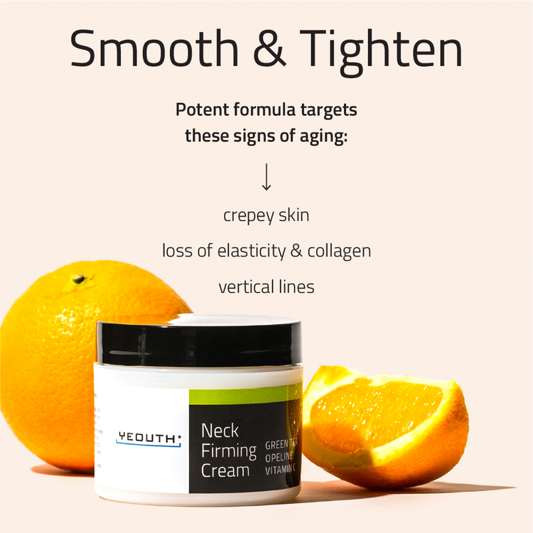 Neck firming cream with oranges on a white background