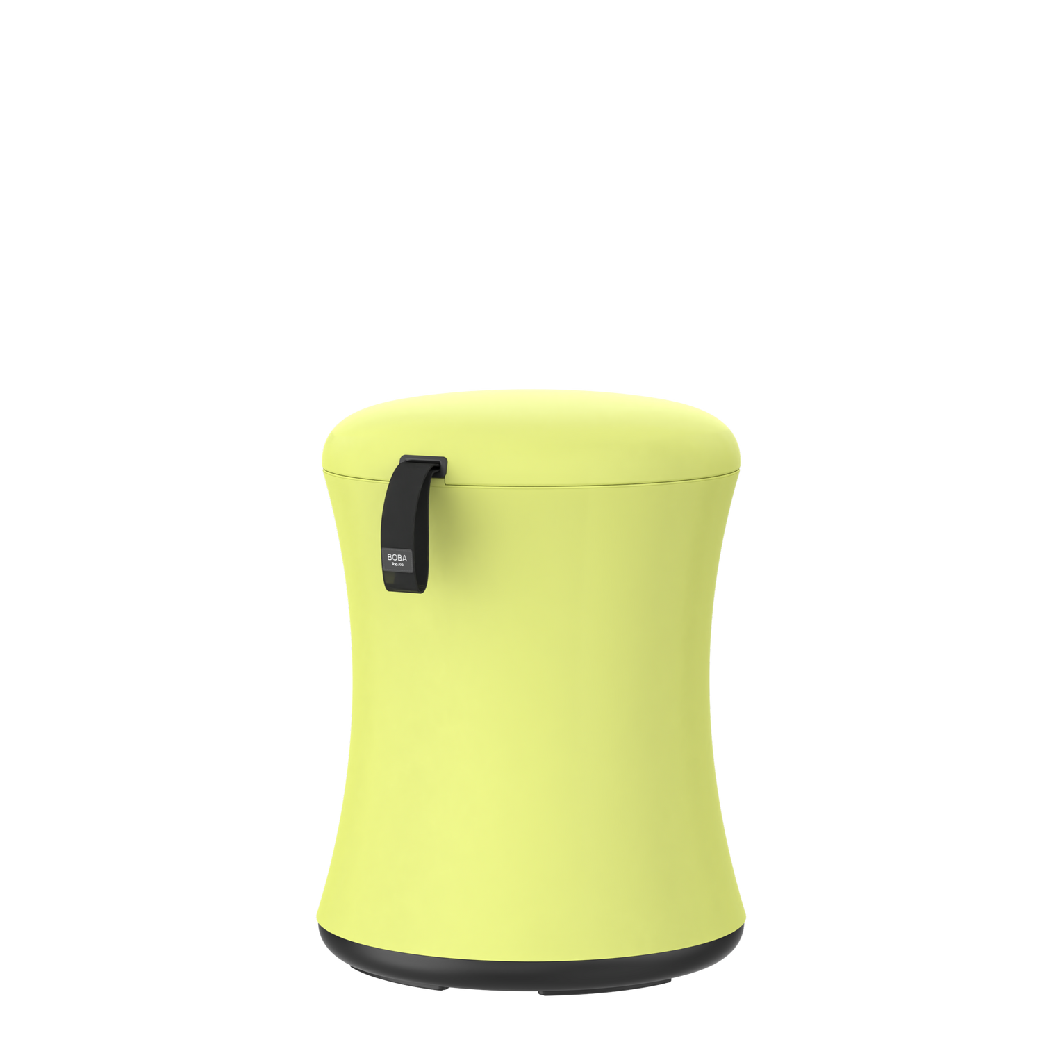 Yellow baby bootie with a black strap on a white background