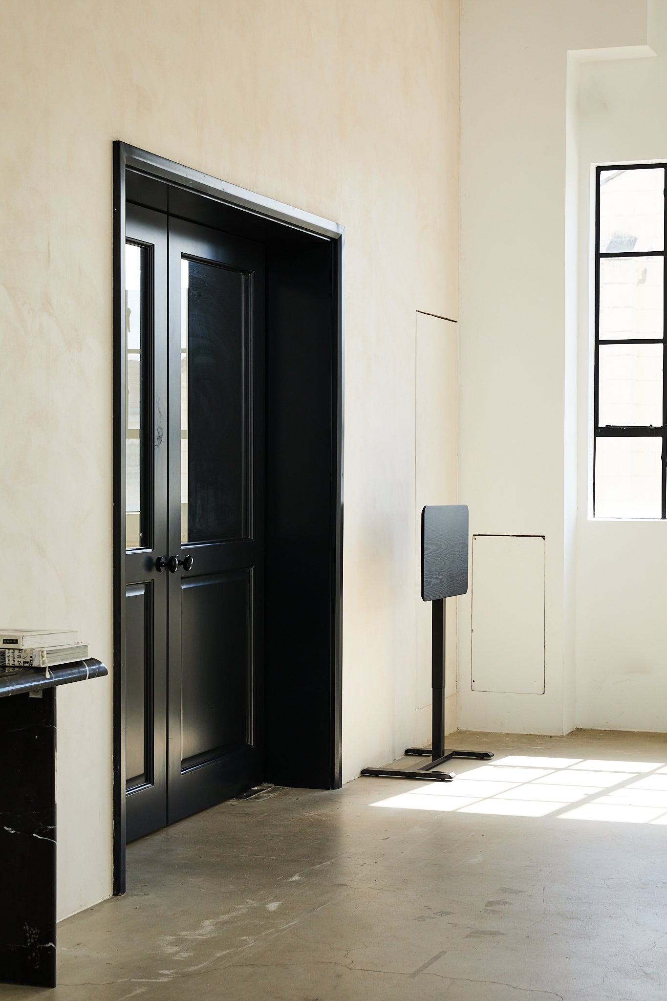 Modern interior with a black door and a speaker on a stand.