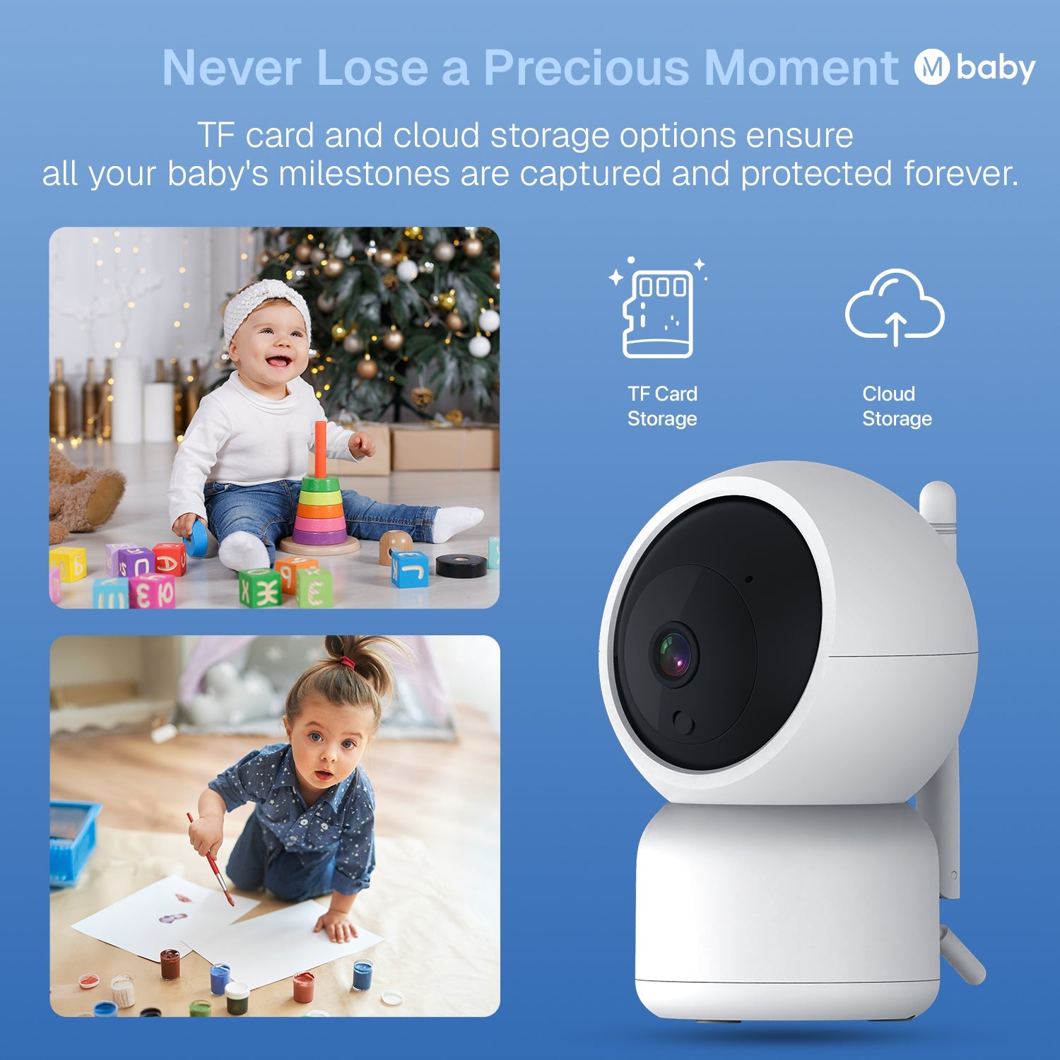 Baby monitor with text about TF card and cloud storage options on a blue background