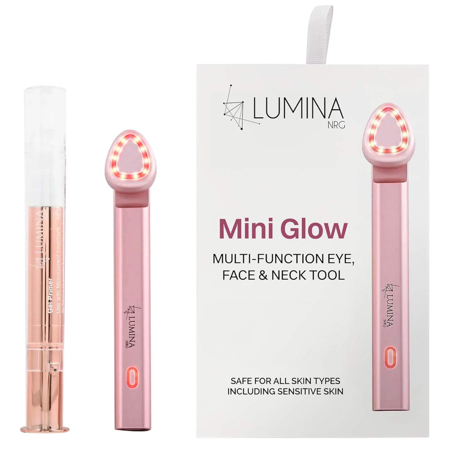Lumina Mini Glow multi-function eye, face, and neck tool with packaging on a white background