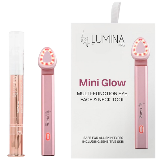 Lumina Mini Glow multi-function eye, face, and neck tool with packaging on a white background