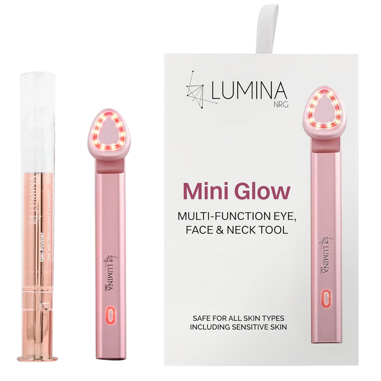 Lumina Mini Glow multi-function eye, face, and neck tool with packaging on a white background