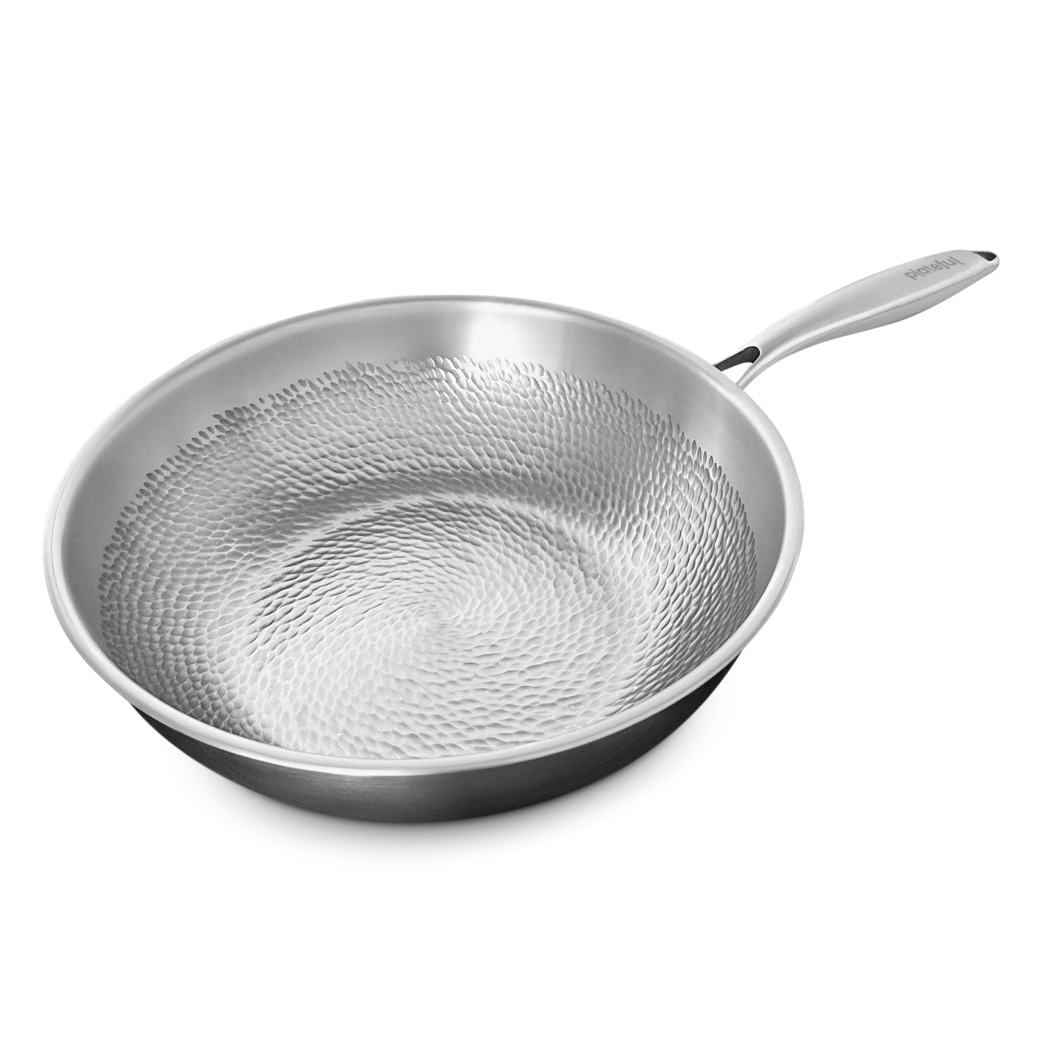 Stainless steel frying pan with textured surface on a white background