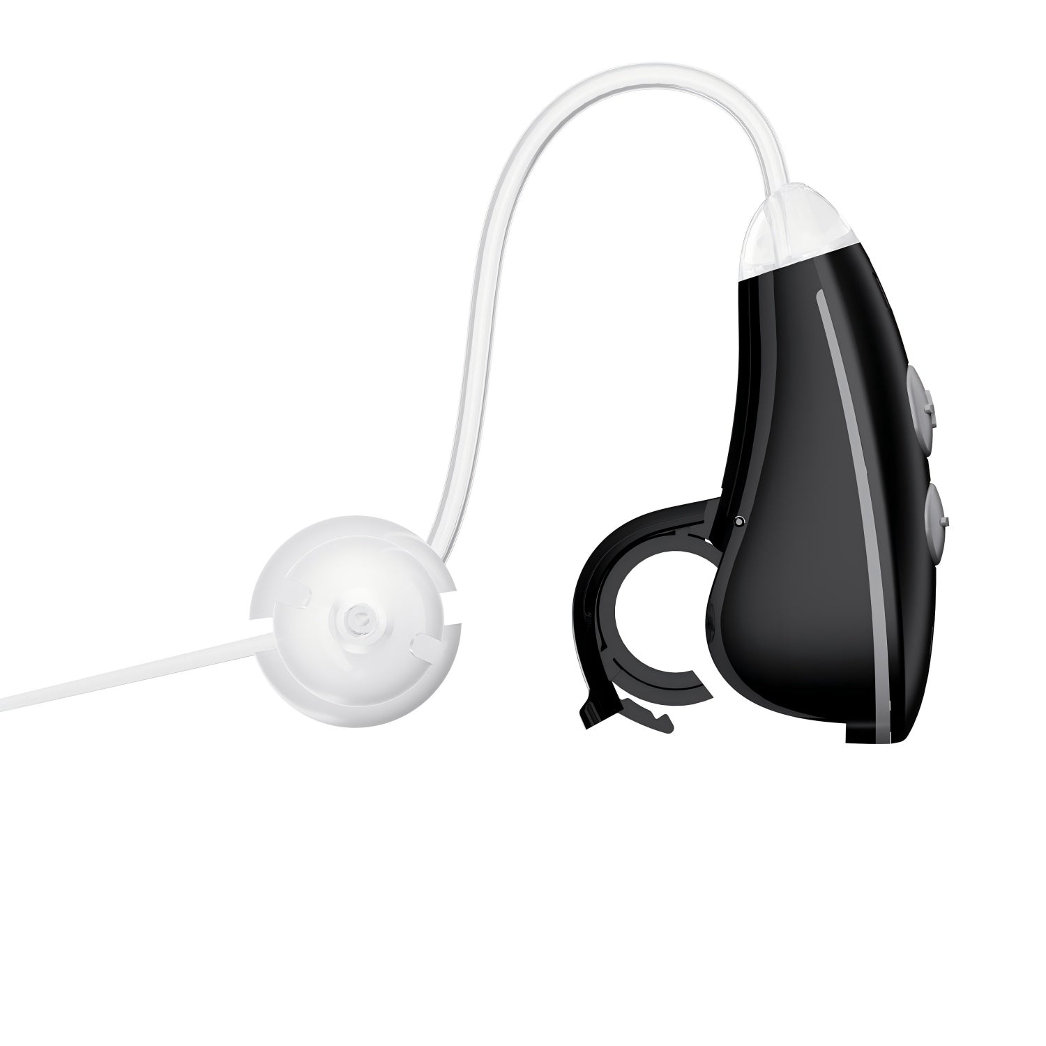 Black and white hearing aid on a white background