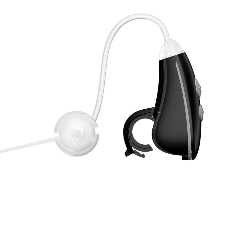 Black and white hearing aid on a white background