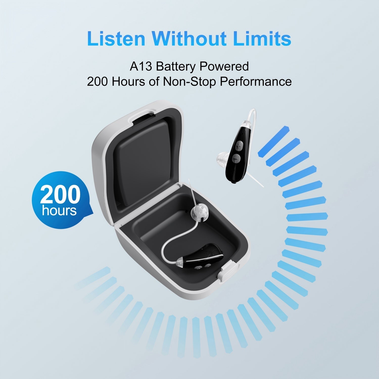 Earbud with charging case and text about battery life on a light blue background