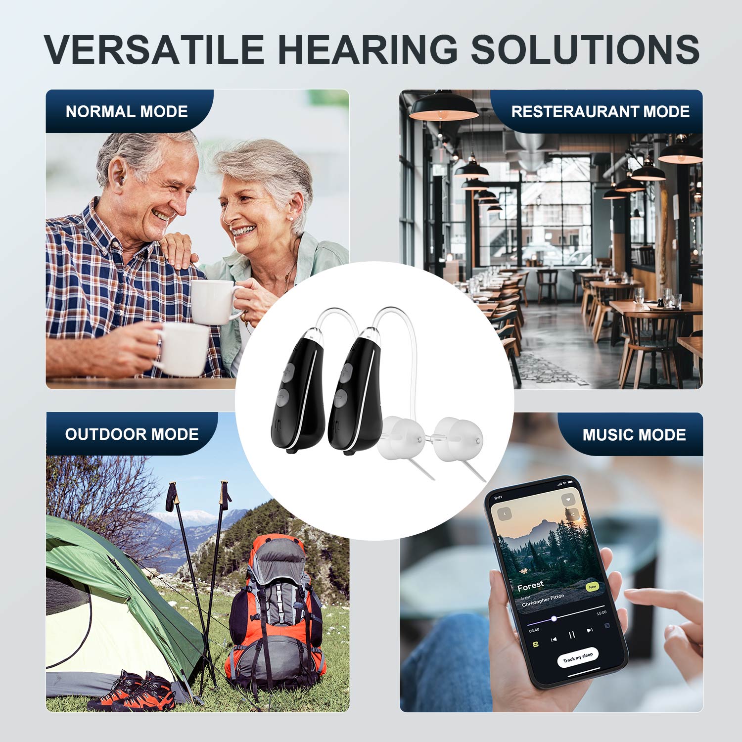 Hearing aid with mode options and lifestyle images on a white background