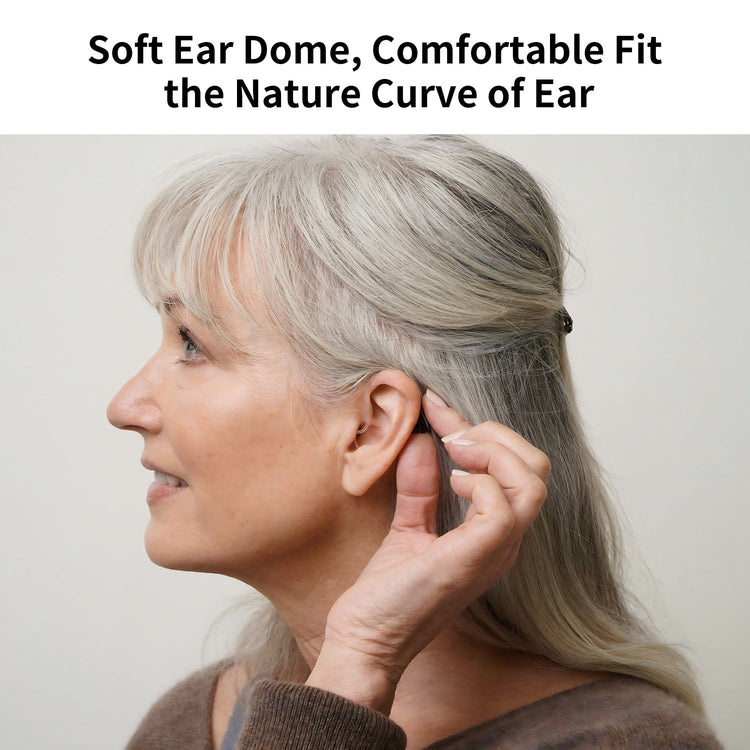 Woman adjusting an ear product with text about soft ear dome and comfortable fit.