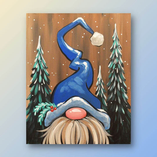 Four winter-themed greeting cards with a blue background, featuring a snowman, gnome, and snowy landscapes.