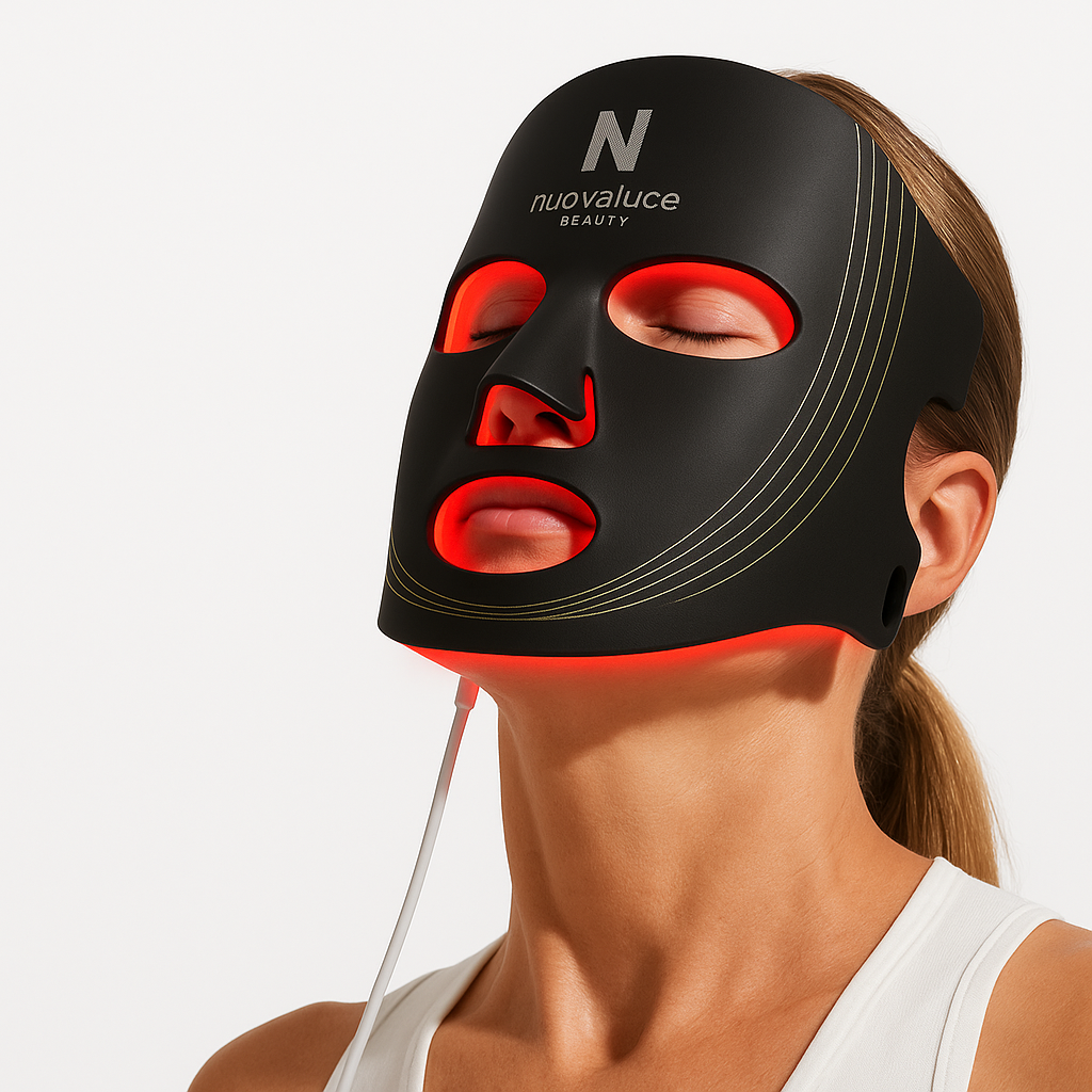Woman wearing a black LED face mask with red lights on a white background