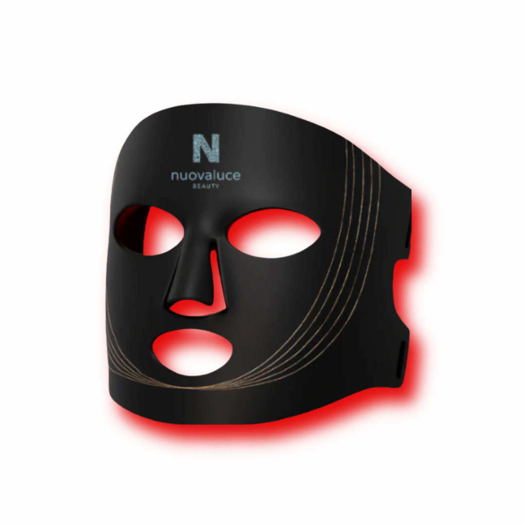 Black LED face mask with red lights on a white background, featuring the Nuvaluce brand.
