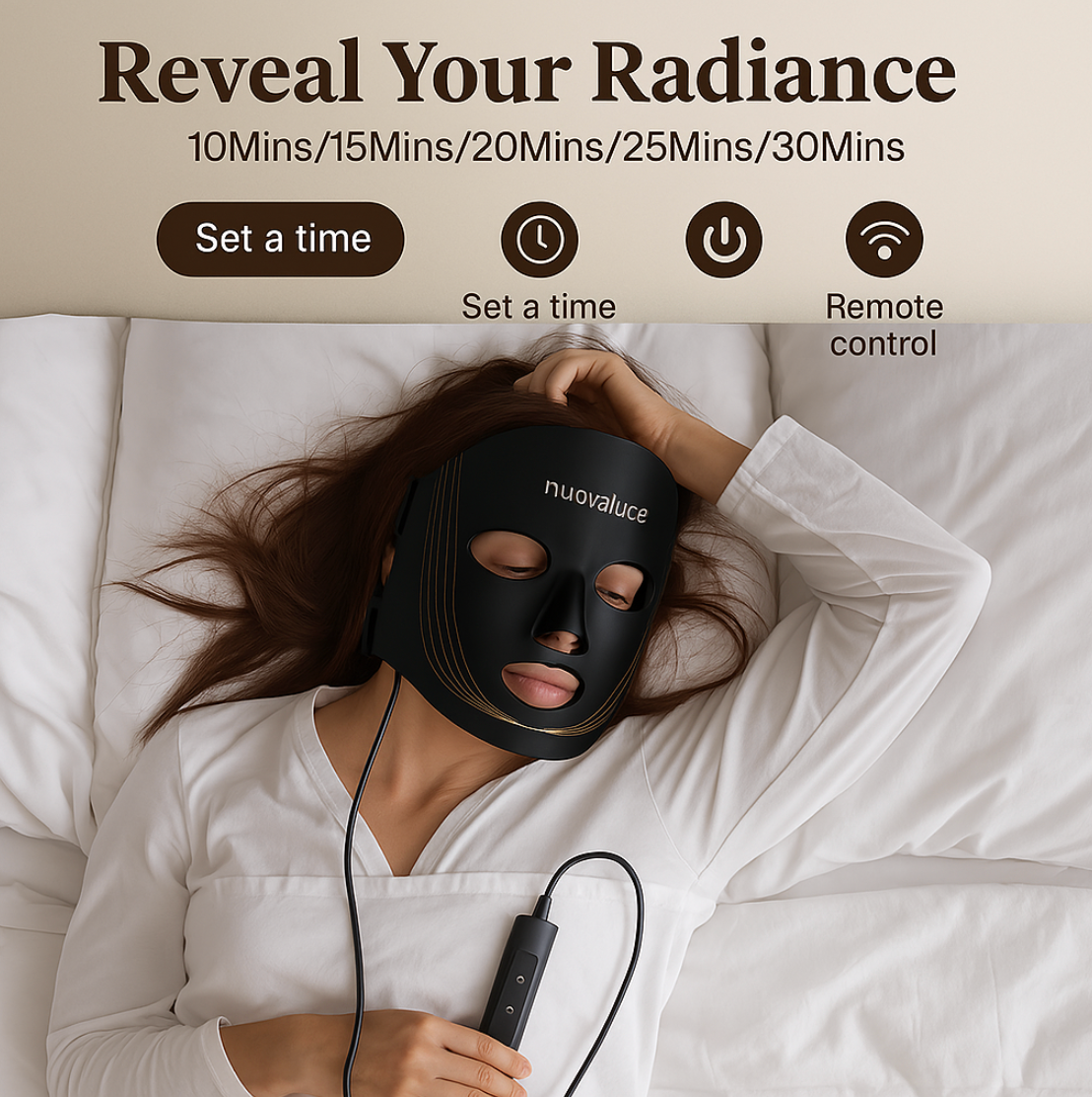 Woman wearing a black facial mask with 'nuovalve' branding, lying on a bed.