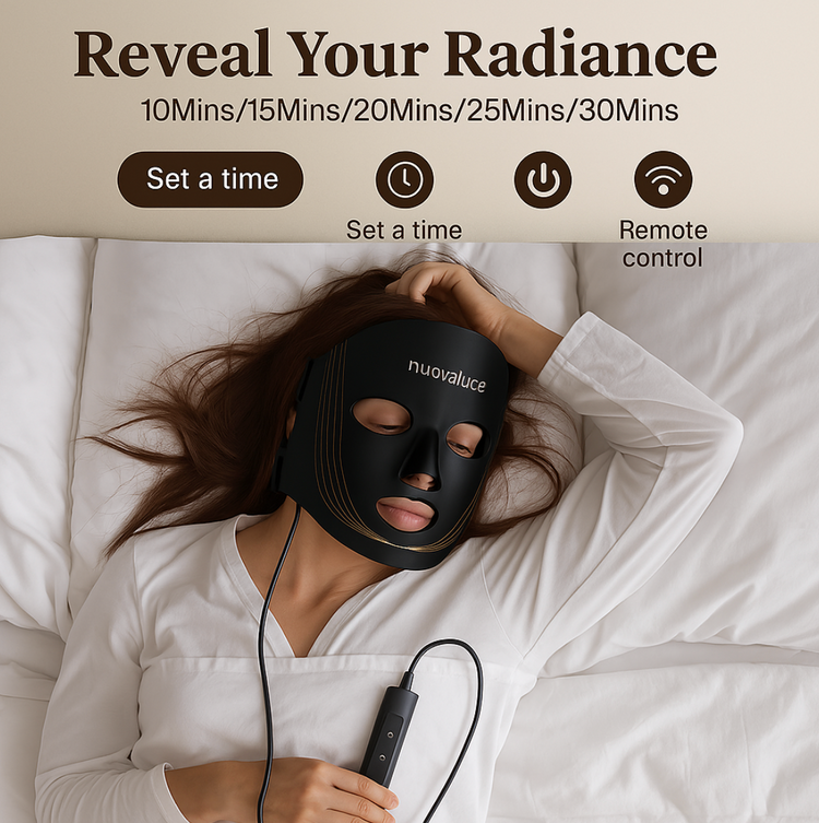 Woman wearing a black facial mask with 'nuovalve' branding, lying on a bed.