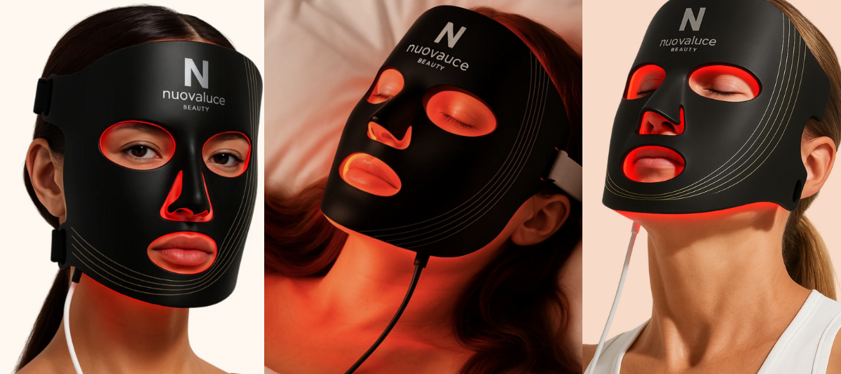 Three views of a black facial mask with red lights on a person, featuring the Nuvalace brand.