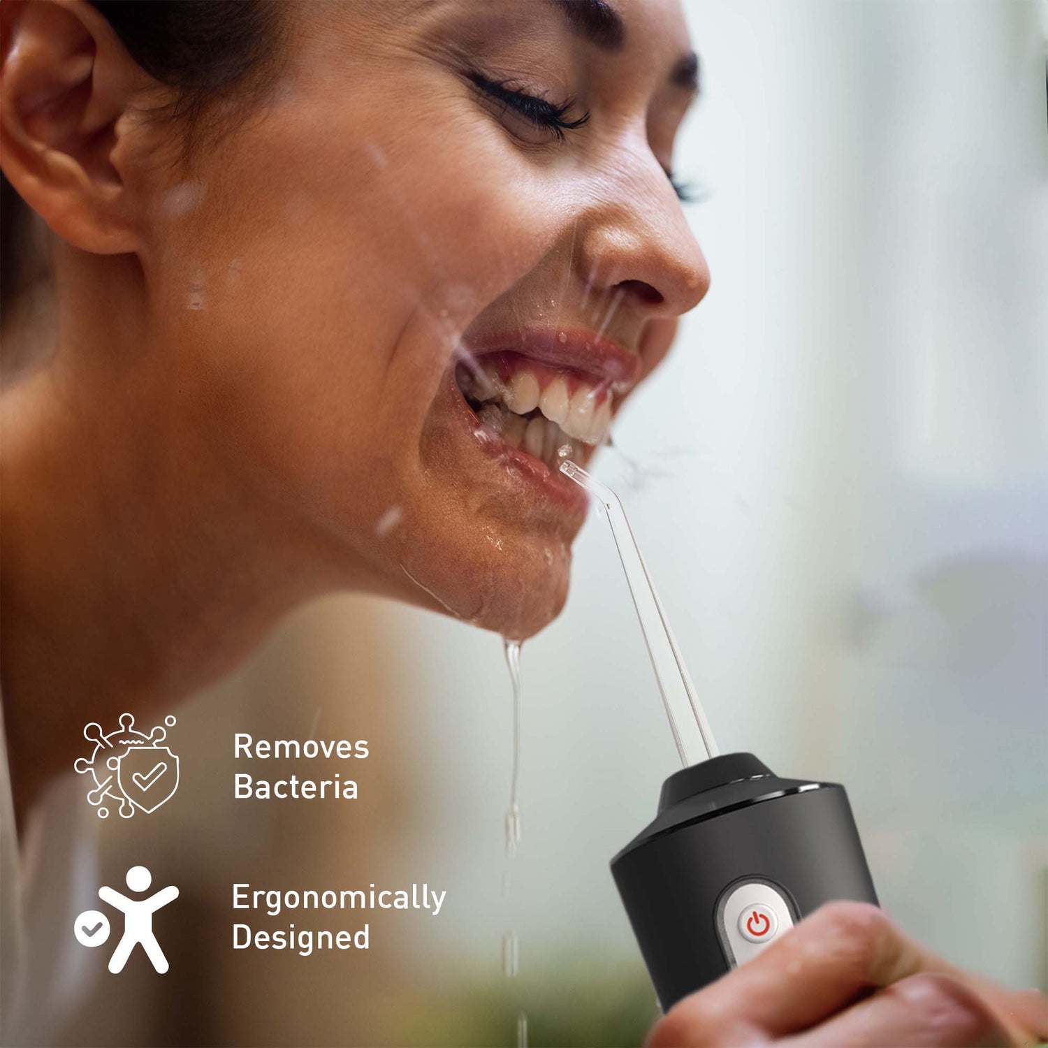 Person using a dental water flosser with product features highlighted.