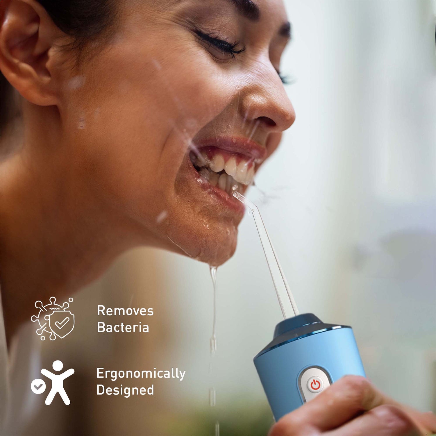 Person using a dental water flosser with product features highlighted.