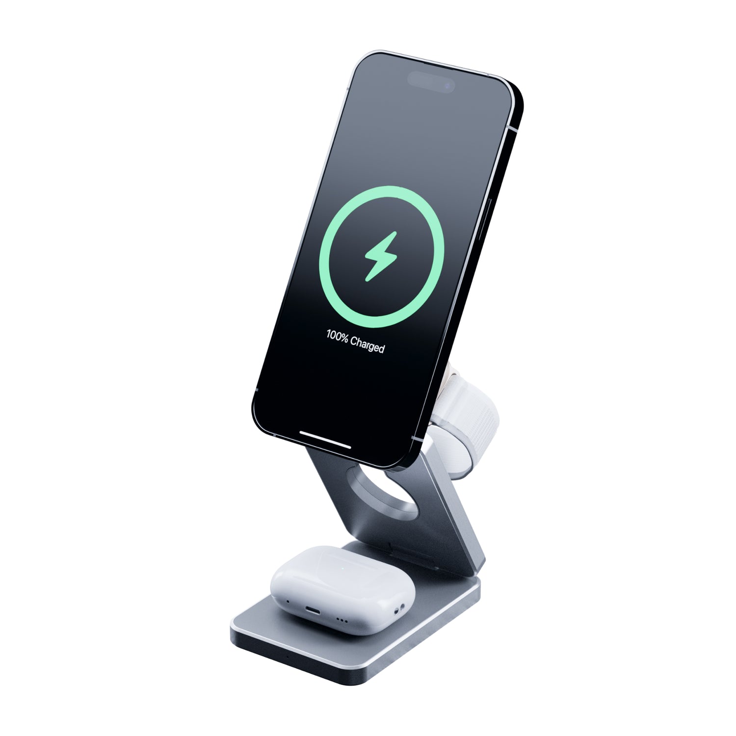 A foldable wireless charger stand with a smartphone, smartwatch, and earbuds being charged.