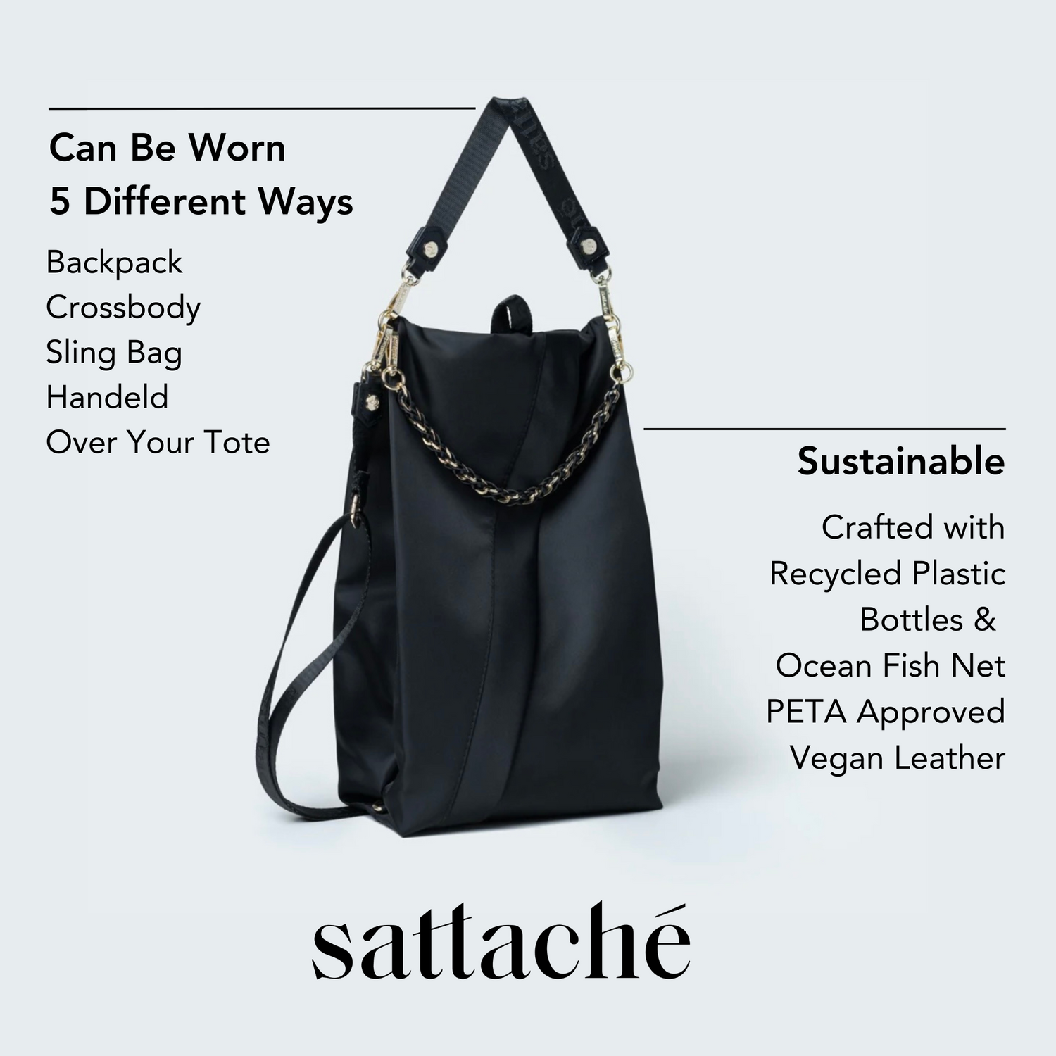 Black bag with chain detail, shown in various styles, on a light gray background with 'sattache' branding.