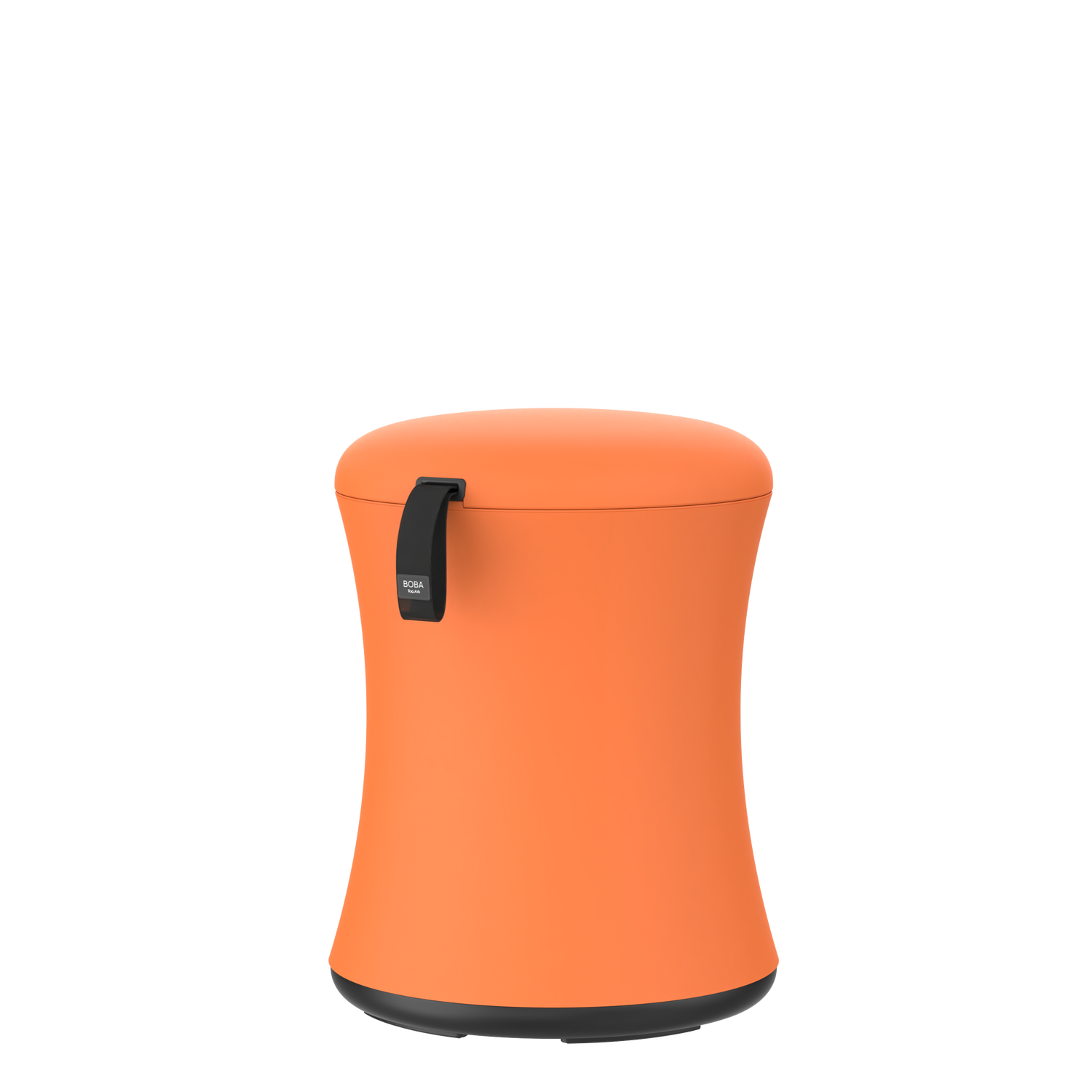 Orange trash can with a black handle on a white background