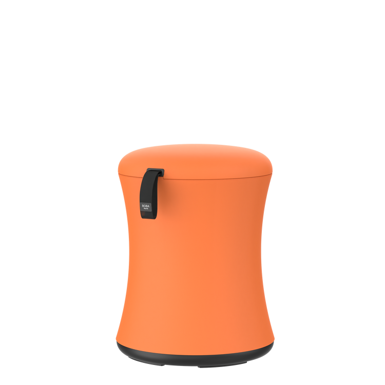 Orange trash can with a black handle on a white background