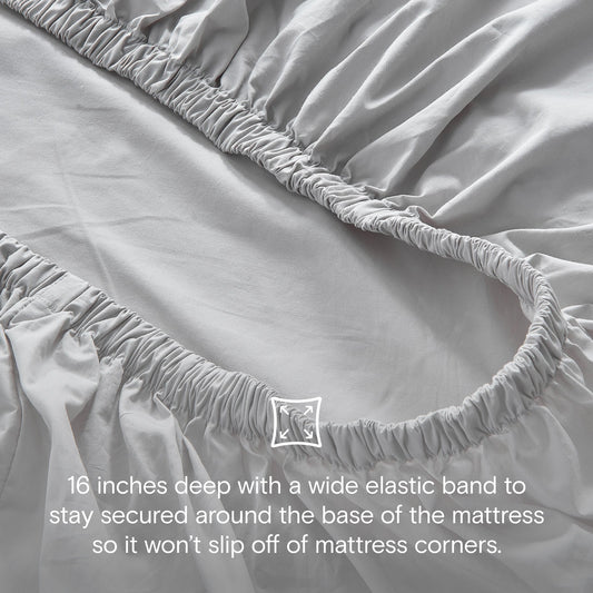 Gray bedding set on a bed in a bedroom with side tables and decor.