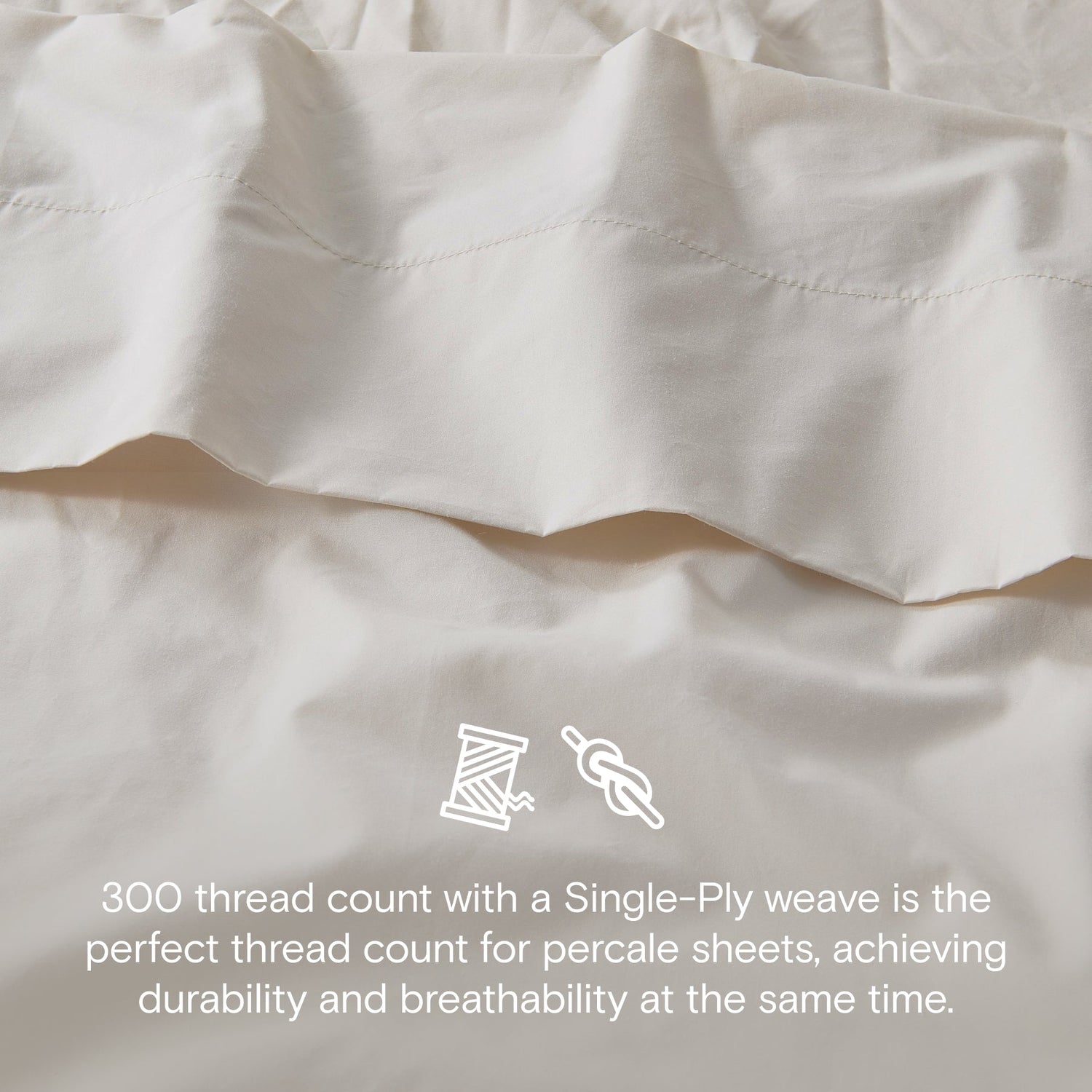 Close-up of percale sheets with text about thread count and weave type.