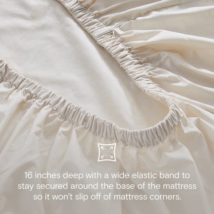 Close-up of a fitted sheet with text describing its depth and elastic band feature.