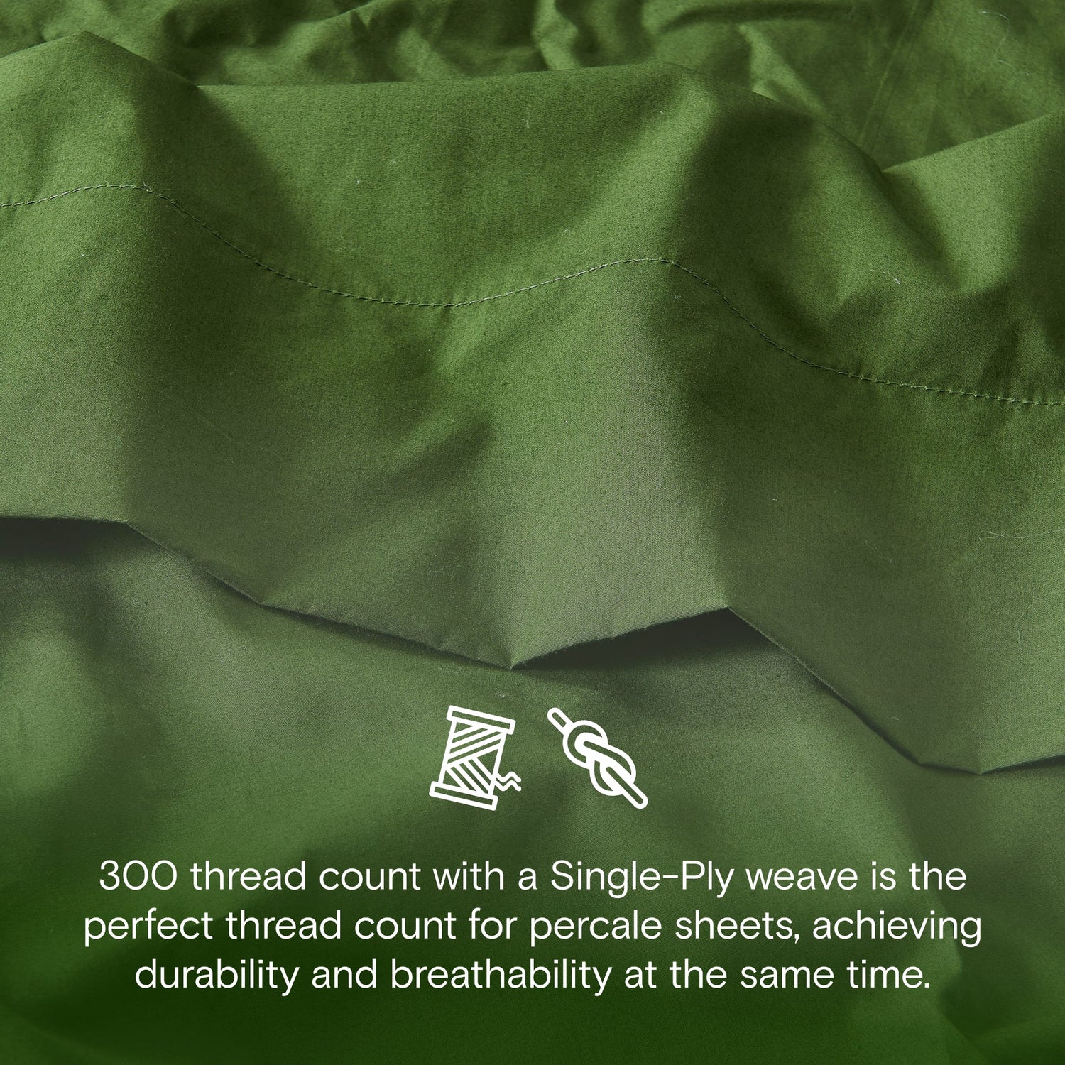Close-up of green fabric with text about thread count and weave type.