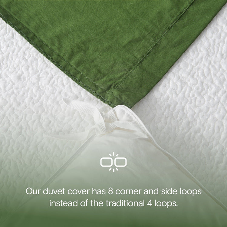 Green and white duvet cover with text about corner and side loops