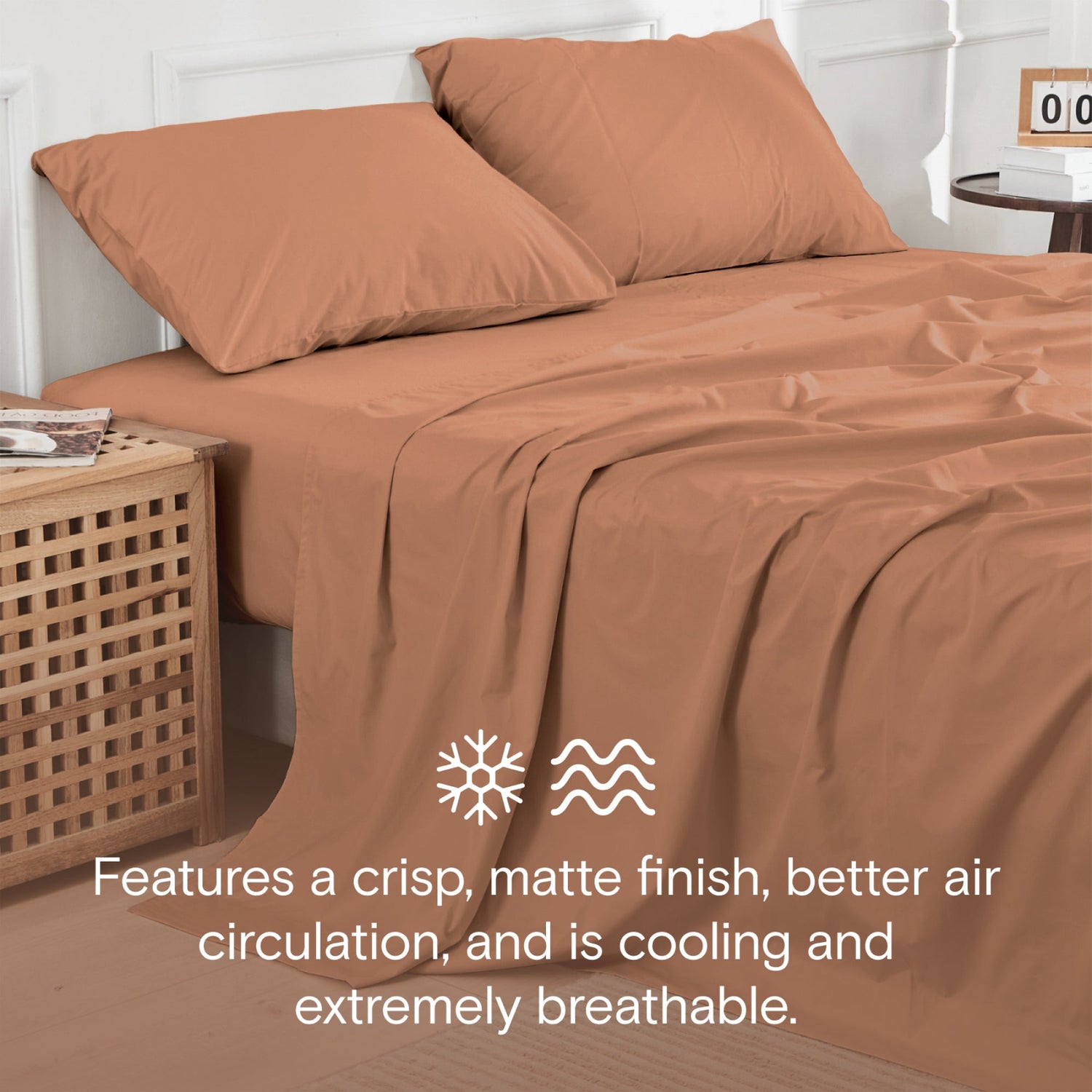 Brown bed sheets on a bed with text describing features