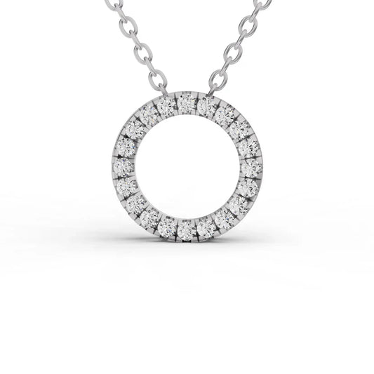 Diamond necklace with a circular pendant on a white background
