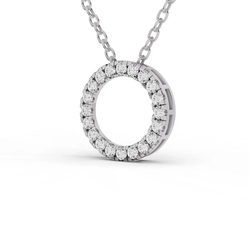 Diamond necklace with a circular pendant on a white background