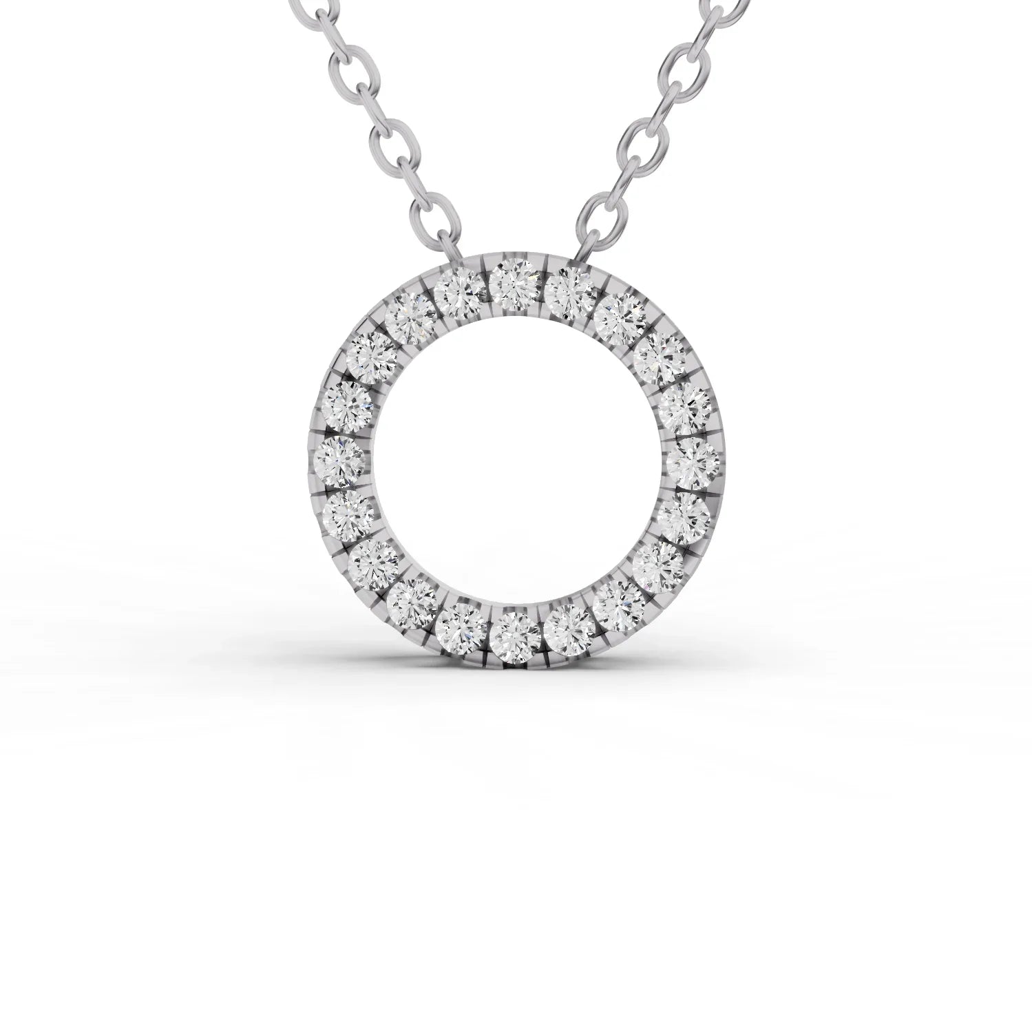 Diamond necklace with a circular pendant on a white background