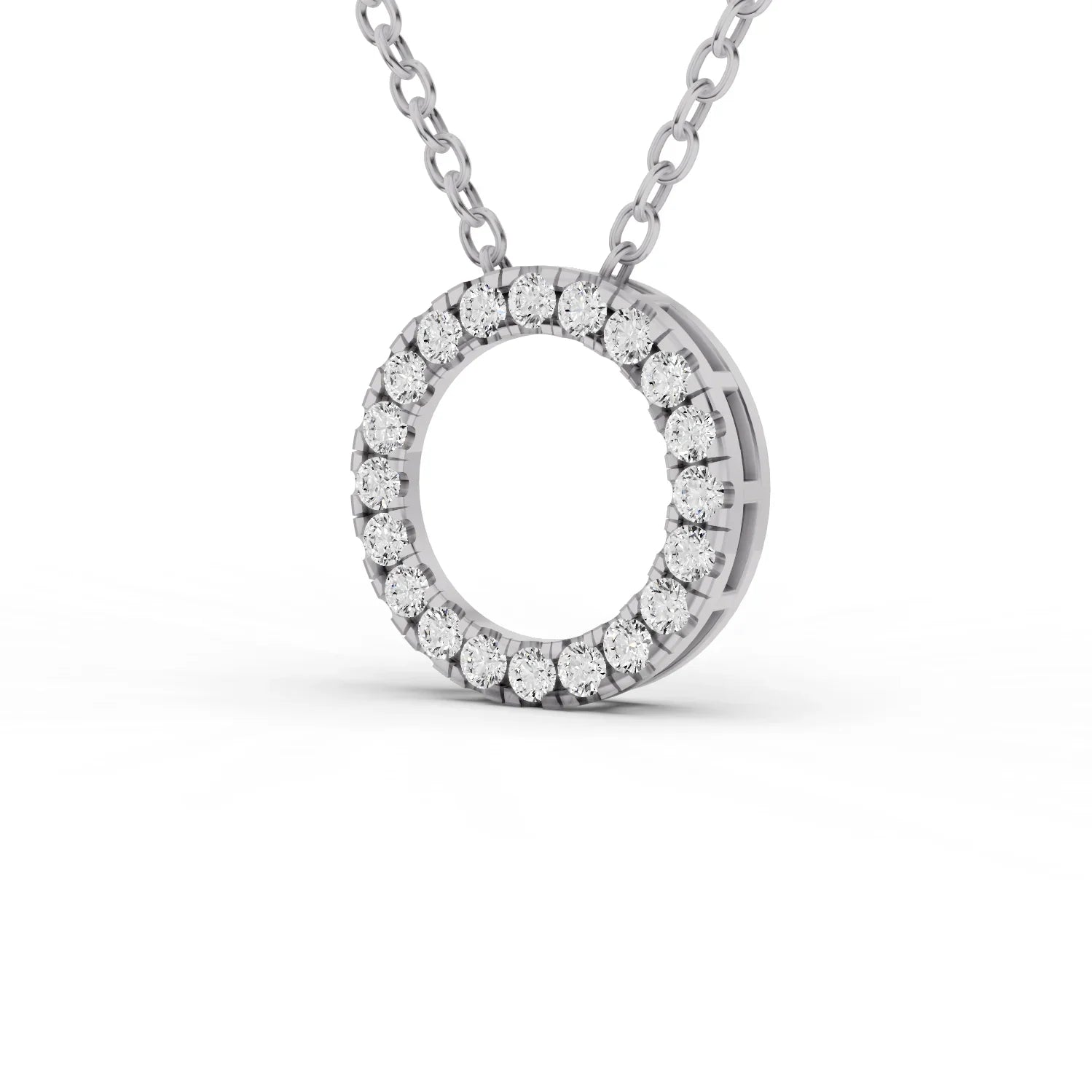 Diamond necklace with a circular pendant on a white background
