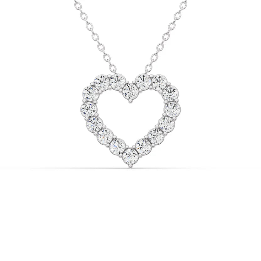Heart-shaped diamond necklace on a white background