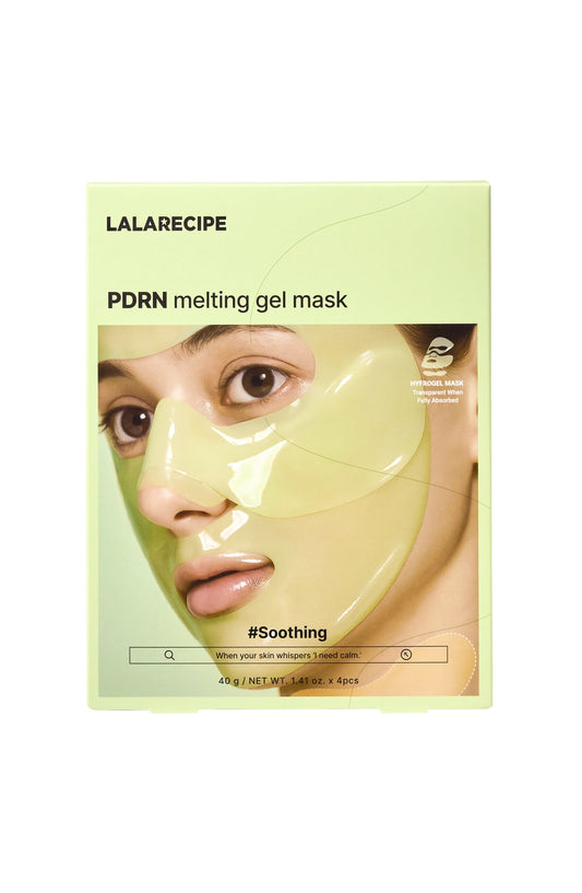 LALARECIPE PDRN Melting Gel Mask packaging in a light green box, featuring a close-up photo of a woman wearing a translucent yellow-green gel mask on her face.