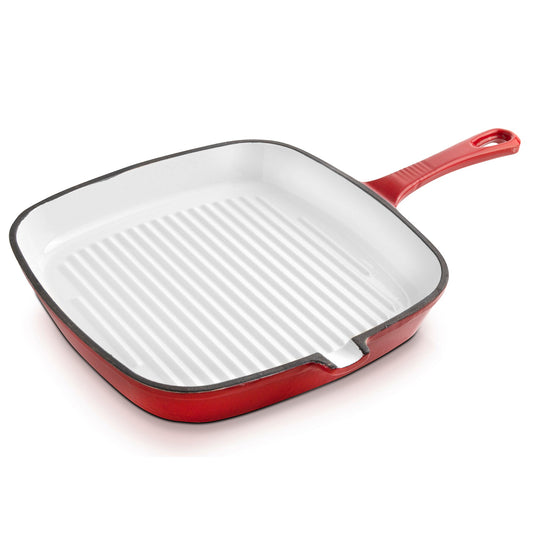 Red square enamel cast iron grill pan on a white background