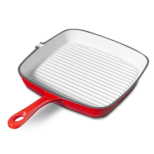 Red square enamel cast iron grill pan on a white background
