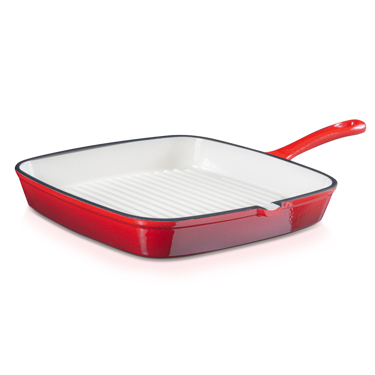 Red square enamel cast iron grill pan on a white background