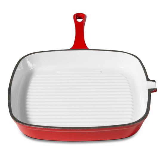 Red square enamel cast iron grill pan on a white background