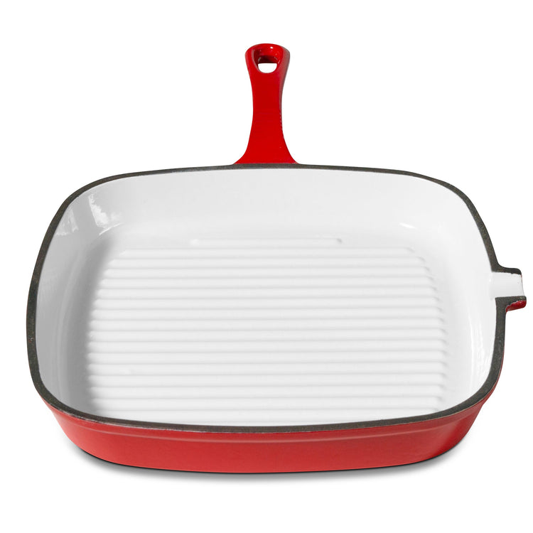Red and white square enamel cookware on a white background