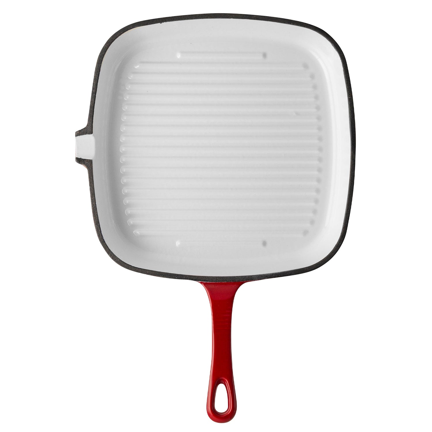 Enamel skillet with a red handle on a white background